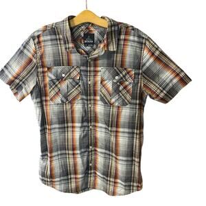 Prana Men's Plaid Button Down Shirt - Black, Gray, and Orange short sleeve large